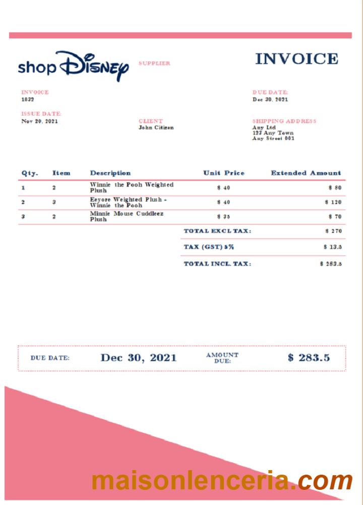 USA Disney faktura Word i PDF szablon